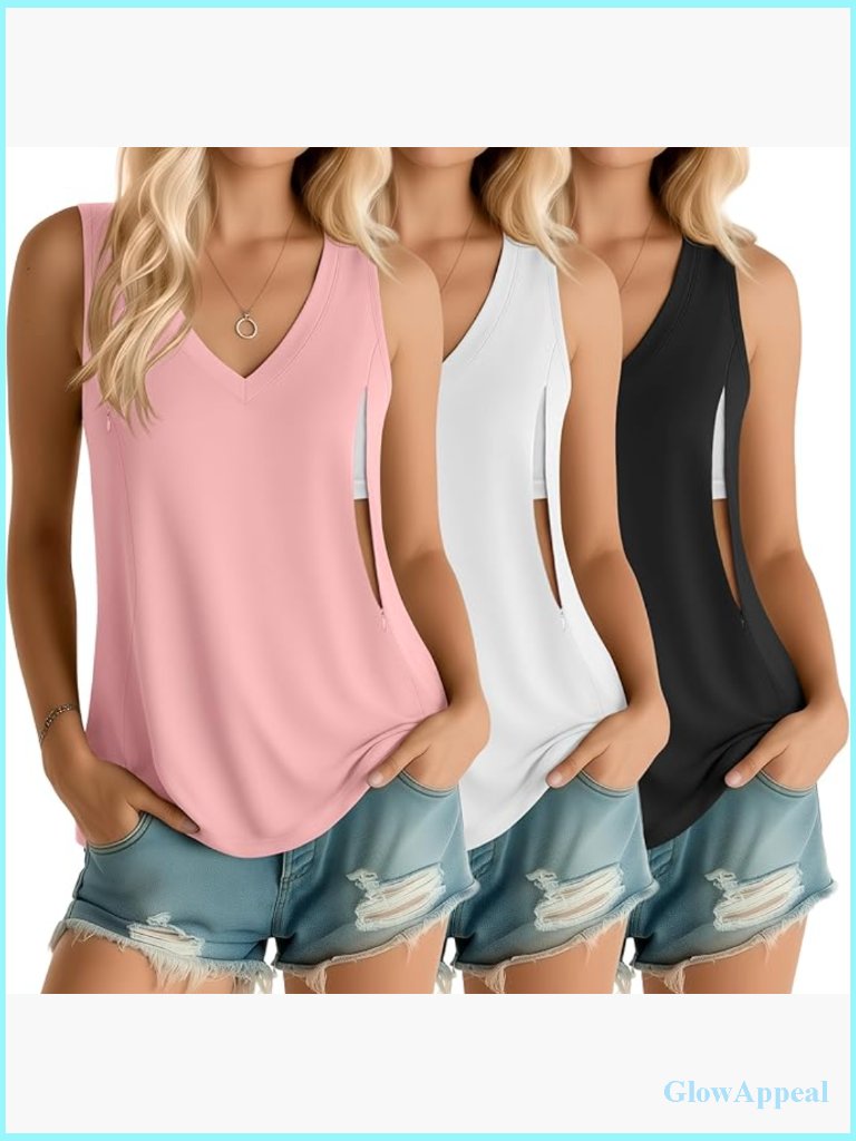3 Pack Nursing Tank Tops Hidden Zipper V Neck Sleeveless Maternity Shirts